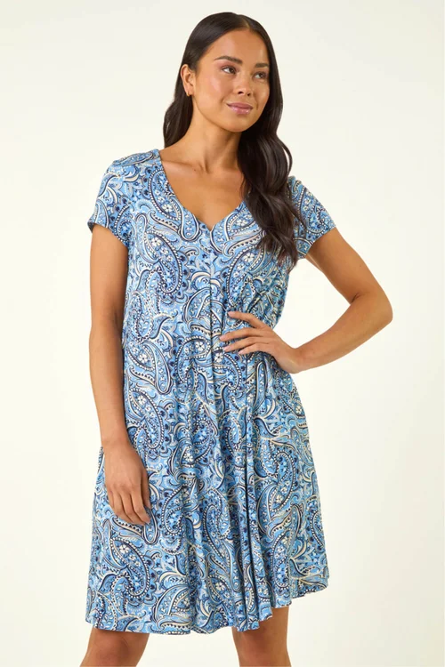 Roman Blue Petite Paisley Pocket Swing Dress - 12 Image 4