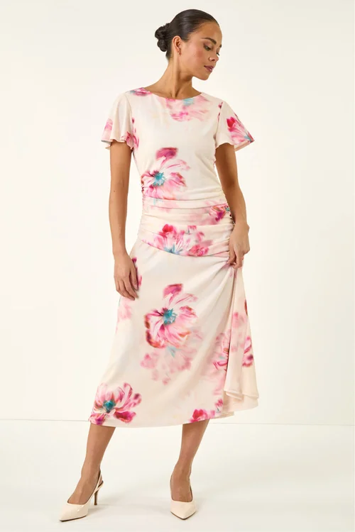 Roman Ivory Petite Floral Ruched Side Dress - Size 16 Image 4