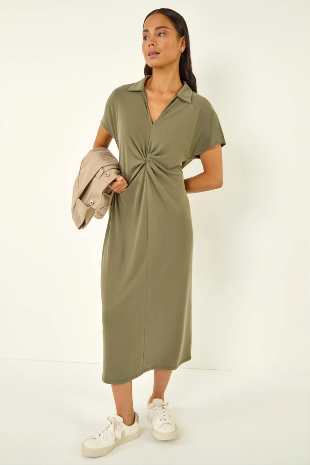 Roman Khaki Petite Twist Waist Midi Dress - Size 16 Image 1