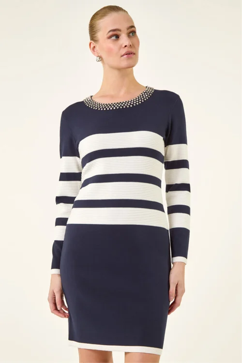 Roman Navy Jewel Trim Stripe Knitted Dress - 12 Image 2