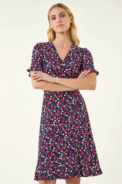 Roman Red Floral Side Button Dress - Size 18 Image 2