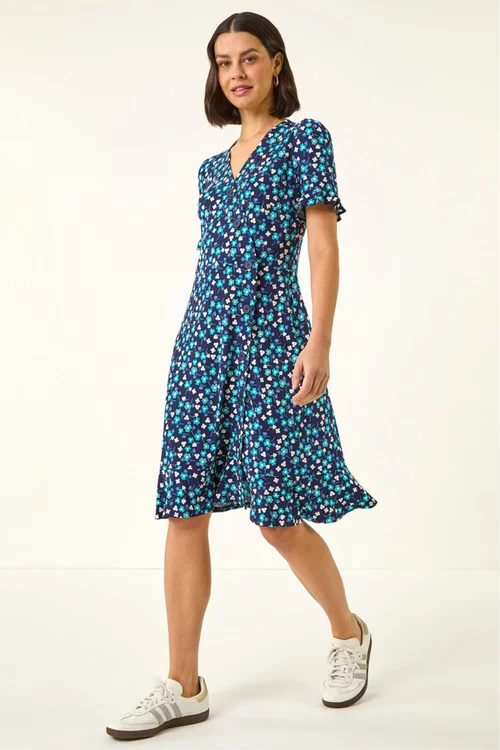 Roman Turquoise Floral Side Button Dress - 12 Image 1