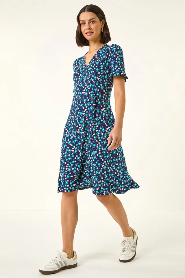 Roman Turquoise Floral Side Button Dress