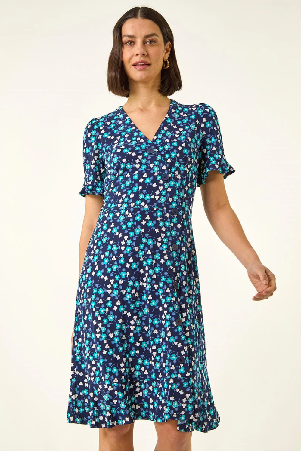 Roman Turquoise Floral Side Button Dress - 12 Image 2