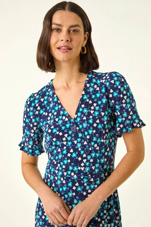 Roman Turquoise Floral Side Button Dress - 12 Image 4