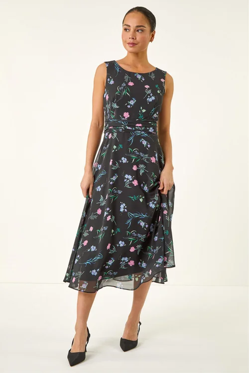 Roman Black Petite Floral Ruched Waist Midi Dress - 14 Image 2