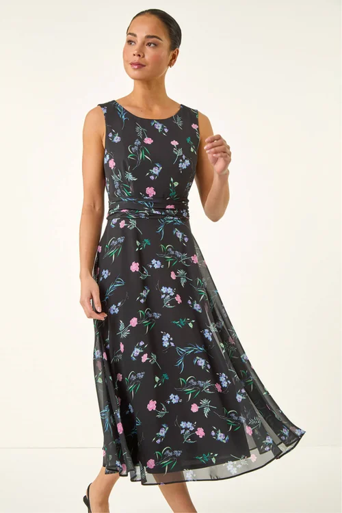 Roman Black Petite Floral Ruched Waist Midi Dress - 14 Image 4