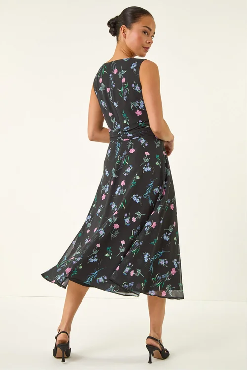 Roman Black Petite Floral Ruched Waist Midi Dress - 14 Image 3