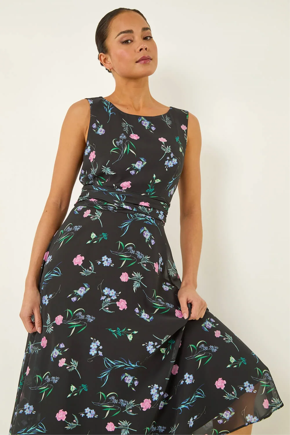 Roman Black Petite Floral Ruched Waist Midi Dress - 14 Image 1