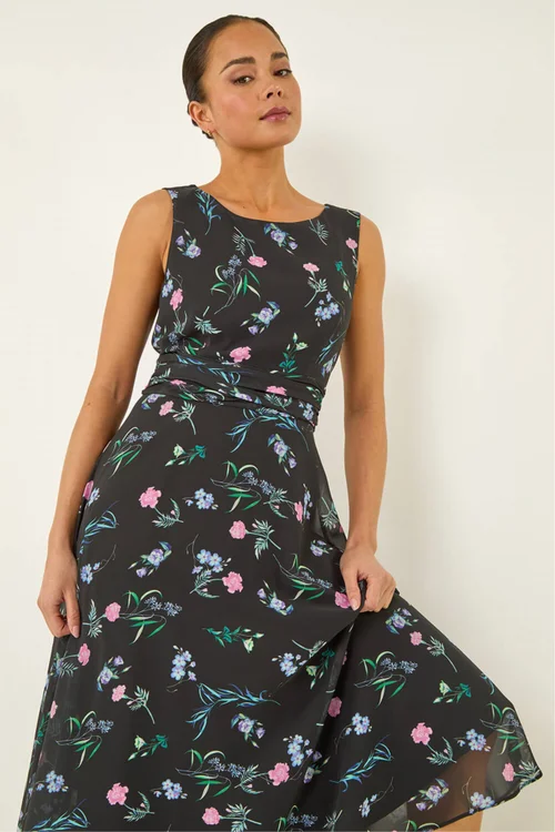 Roman Black Petite Floral Ruched Waist Midi Dress - 14 Image 1