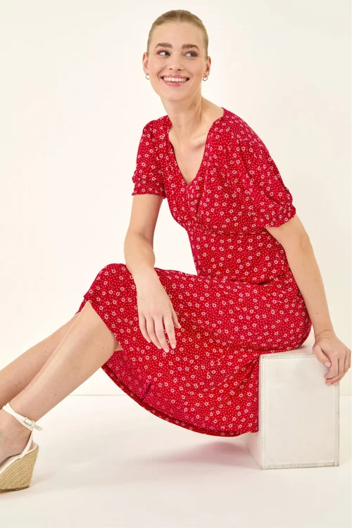 Roman Red Spot Print Gathered Stretch Dress - 10 Image 1