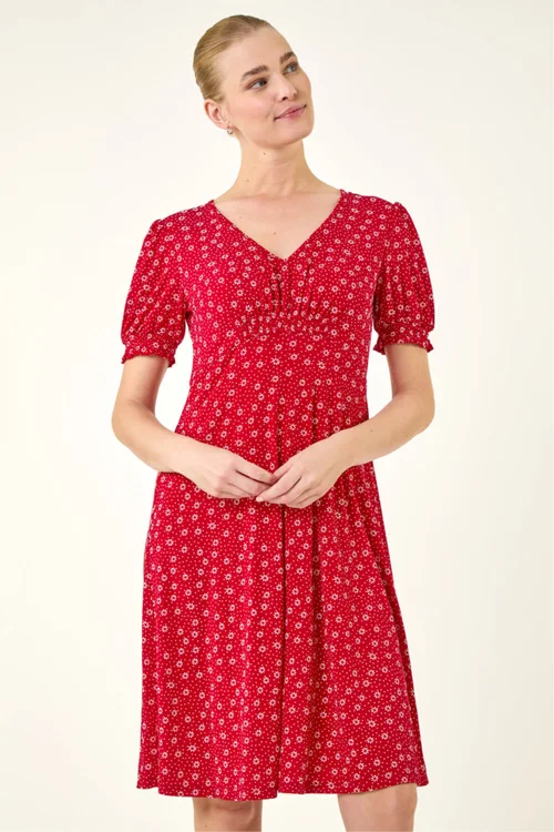 Roman Red Spot Print Gathered Stretch Dress - 10 Image 4