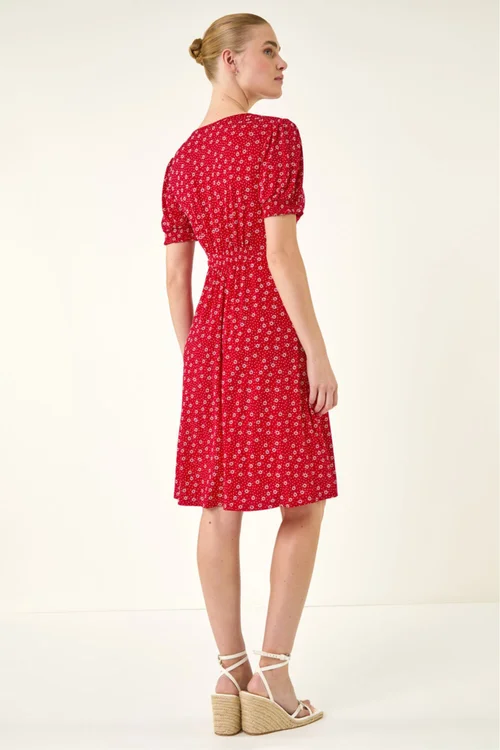 Roman Red Spot Print Gathered Stretch Dress - 10 Image 3