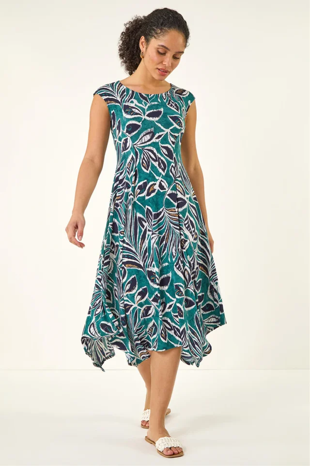 Roman Emerald Leaf Print Hanky Hem Maxi Dress