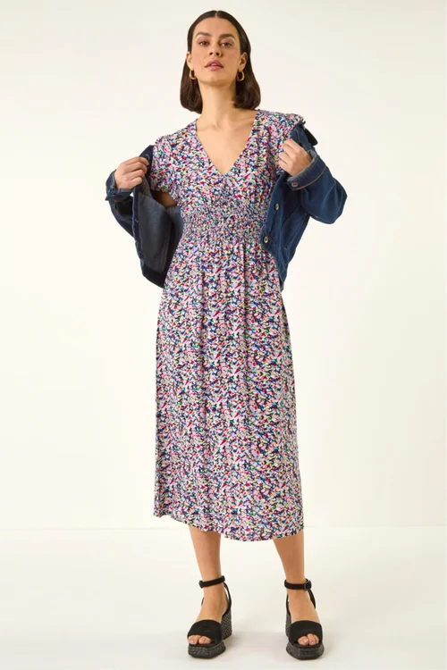 Roman Pink Abstract Print Shirred Midi Dress - 10 Image 1