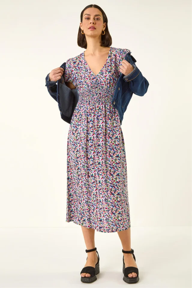 Roman Pink Abstract Print Shirred Midi Dress