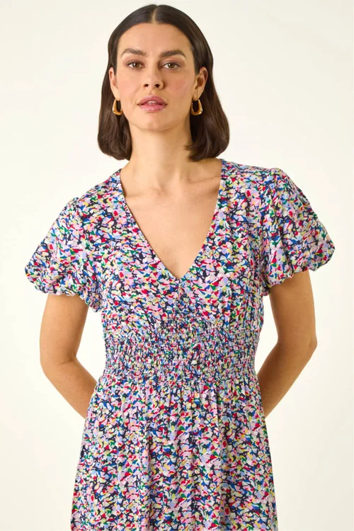 Roman Pink Abstract Print Shirred Midi Dress - 10 Image 4