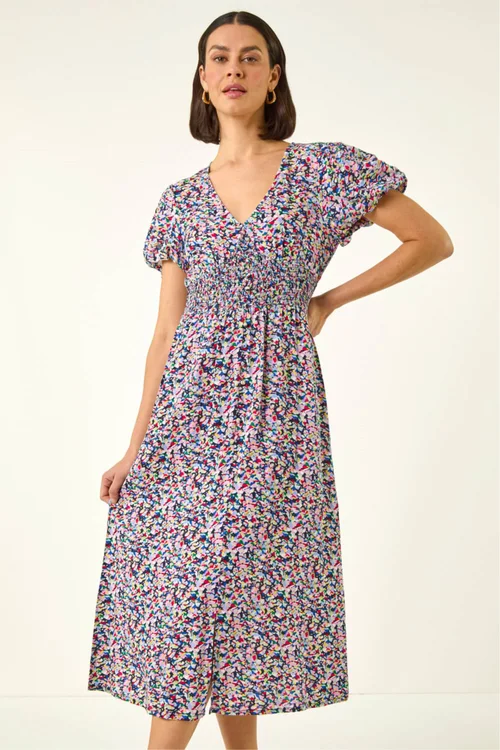 Roman Pink Abstract Print Shirred Midi Dress - 10 Image 3