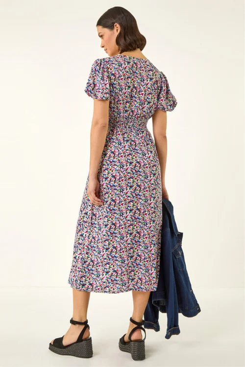 Roman Pink Abstract Print Shirred Midi Dress - 10 Image 2