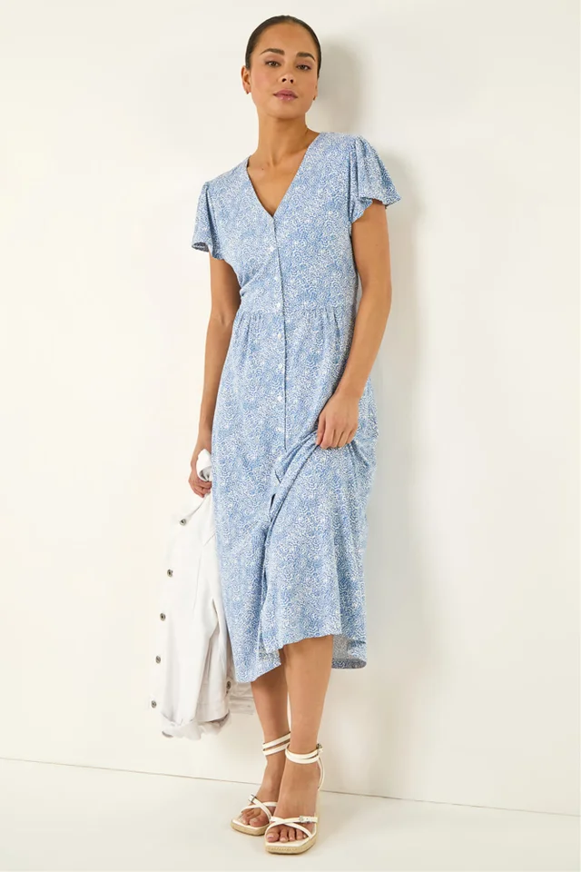 Roman Blue Petite Abstract Spot Midi Dress