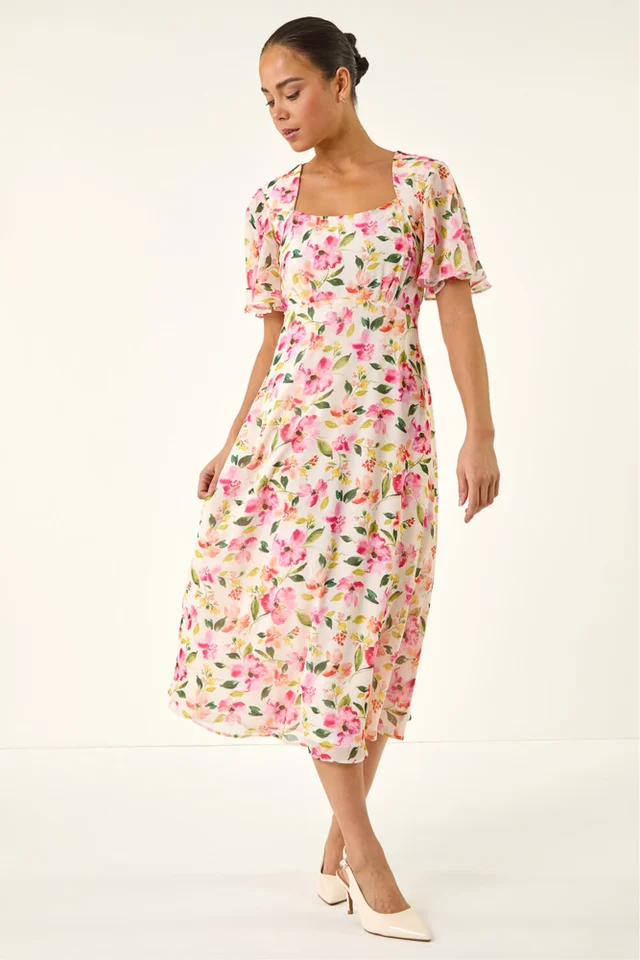 Roman Ivory Petite Floral Midi Dress