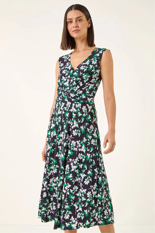 Roman Green Floral Twist Front Dress - 10 Image 1