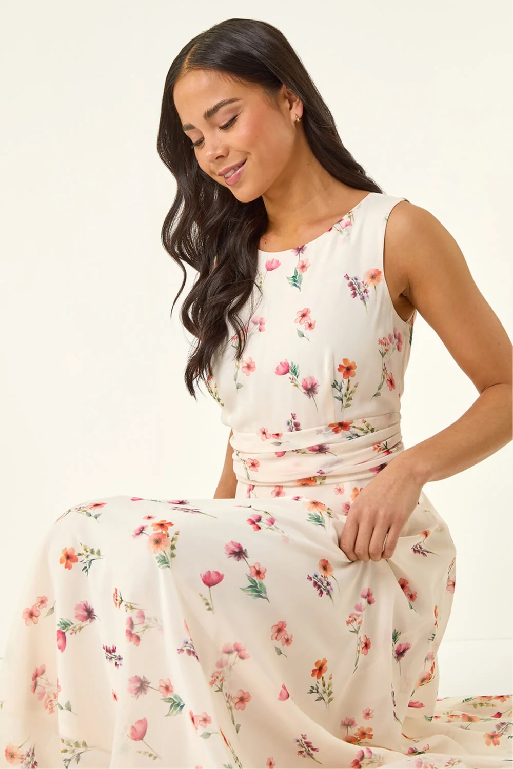 Roman Ivory Petite Floral Ruched Waist Maxi Dress - 10 Image 1