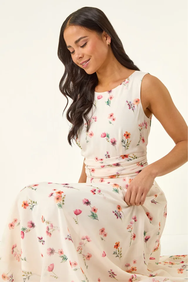 Roman Ivory Petite Floral Ruched Waist Maxi Dress