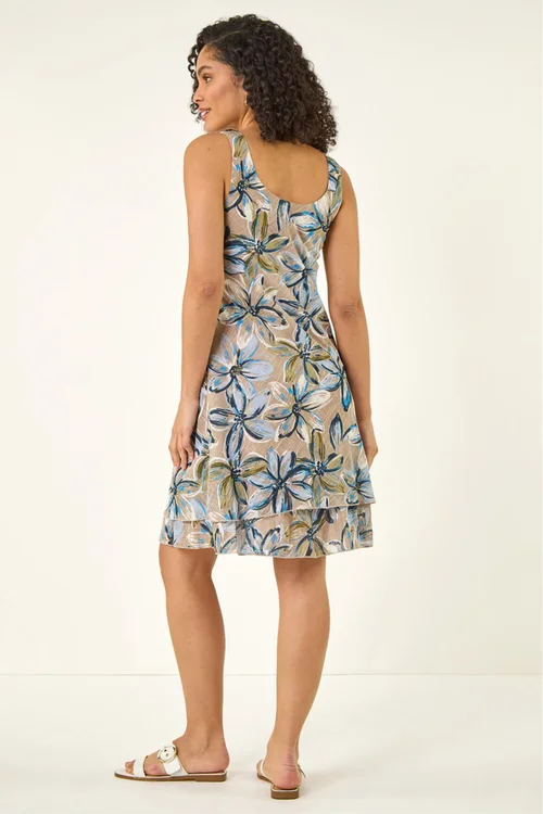 Roman Light Grey Floral Print Double Layer Dress - Size 14 Image 3