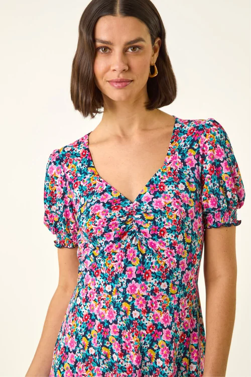 Roman Pink Floral Print Ruched Dress - 10 Image 4