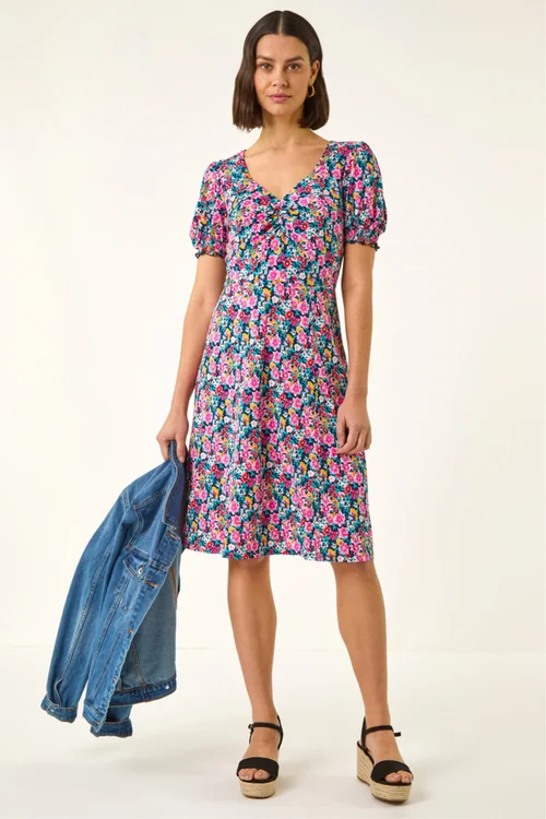 Roman Pink Floral Print Ruched Dress - 10 Image 2