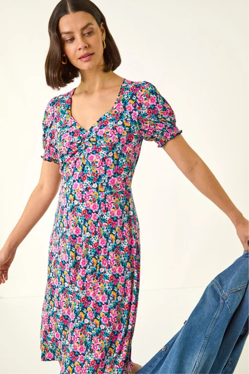 Roman Pink Floral Print Ruched Dress - 10 Image 1