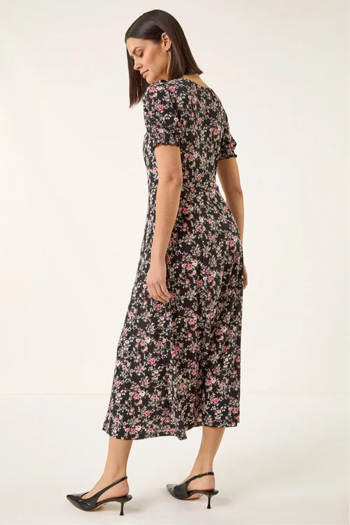 Roman Black Rose Print Ruched Midi Dress - Size 20 Image 3