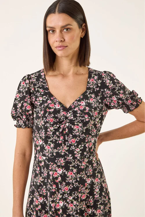Roman Black Rose Print Ruched Midi Dress - Size 20 Image 4