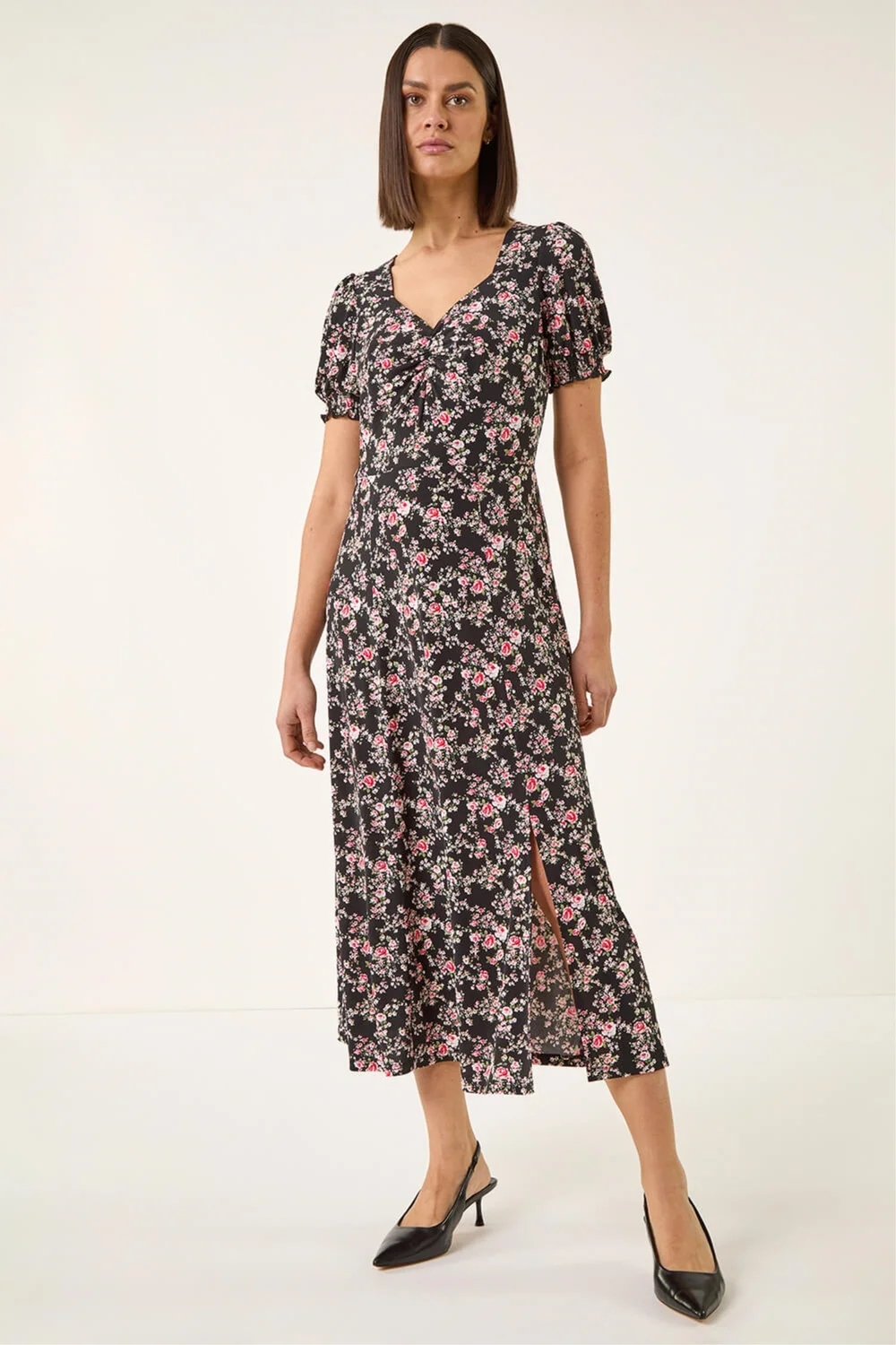 Roman Black Rose Print Ruched Midi Dress - 20 Image 2