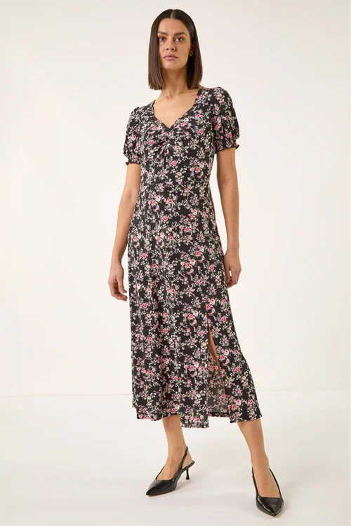 Roman Black Rose Print Ruched Midi Dress - Size 20 Image 2