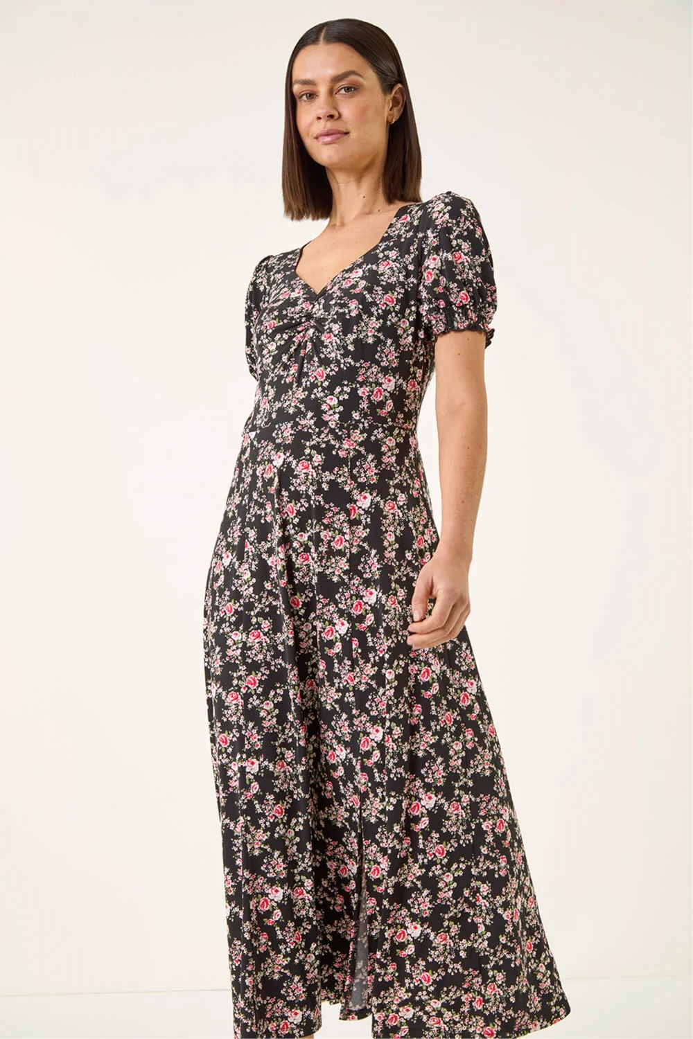 Roman Black Rose Print Ruched Midi Dress - Size 20 Image 1