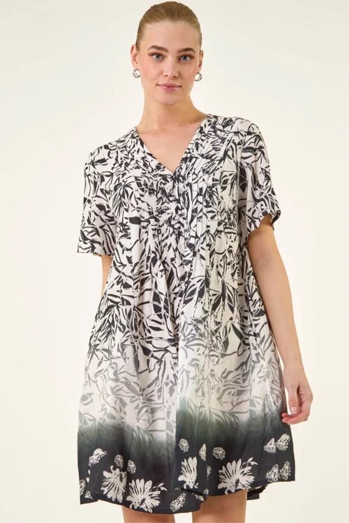 Roman Black Leaf Border Print Pintuck Dress - Size 16 Image 2