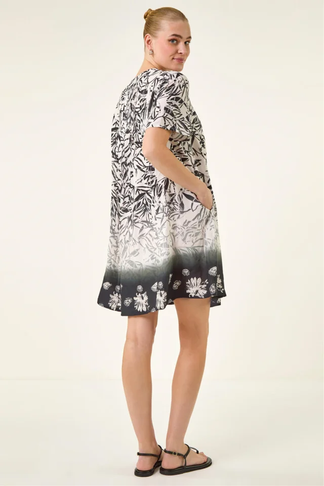 Roman Black Leaf Border Print Pintuck Dress