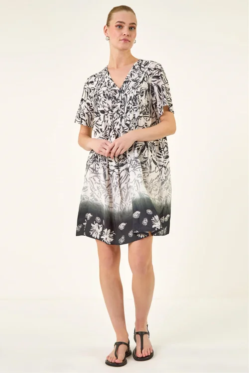 Roman Black Leaf Border Print Pintuck Dress - Size 16 Image 3