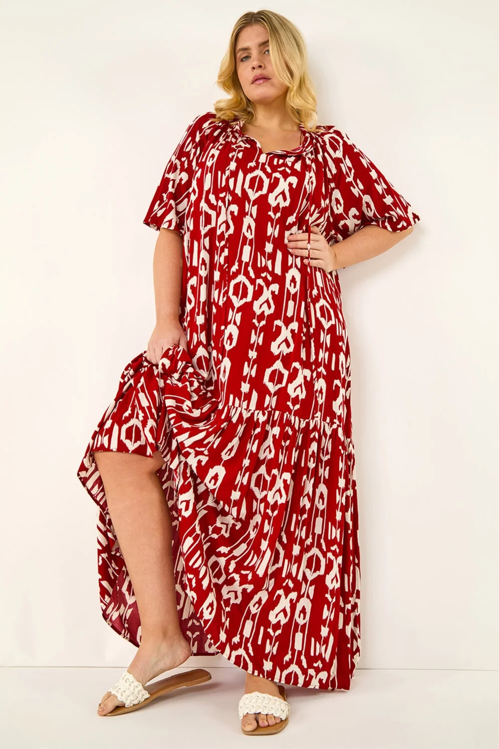 Roman Red Curve Printed Woven Maxi Dress - Size 30-32 Image 1