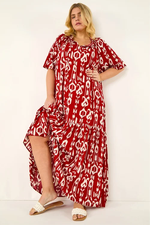 Roman Red Curve Printed Woven Maxi Dress - Size 30-32 Image 1