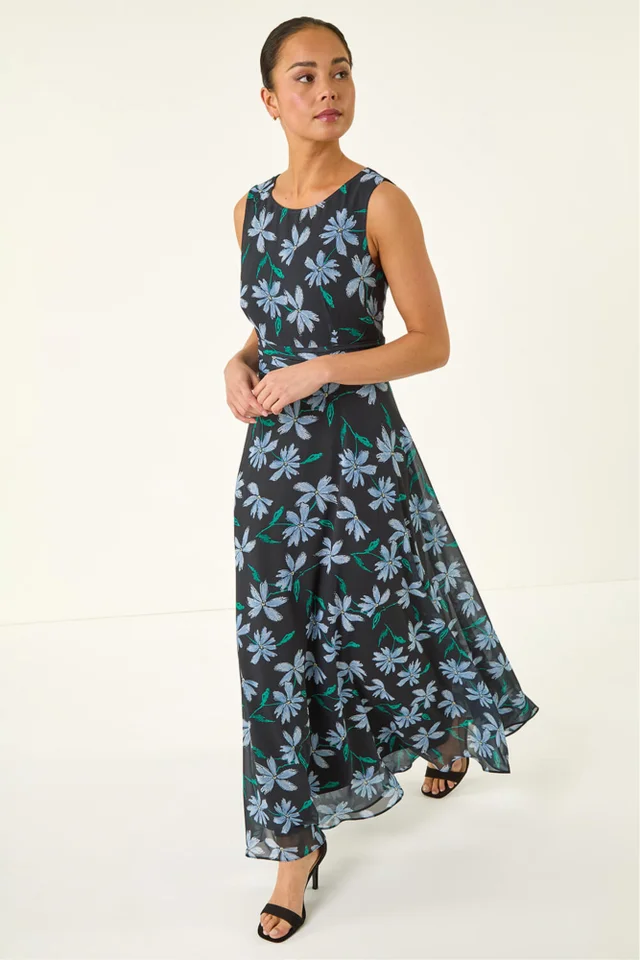 Roman Black P- Ruched Maxi Dress