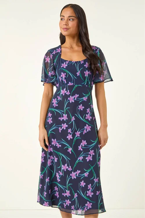 Roman Navy Petite Floral Midi Dress - 16 Image 4
