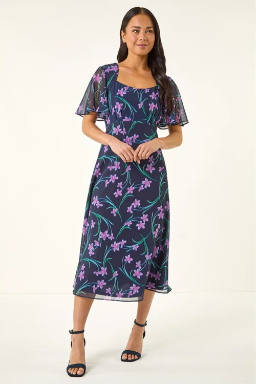 Roman Navy Petite Floral Midi Dress - 16 Image 2