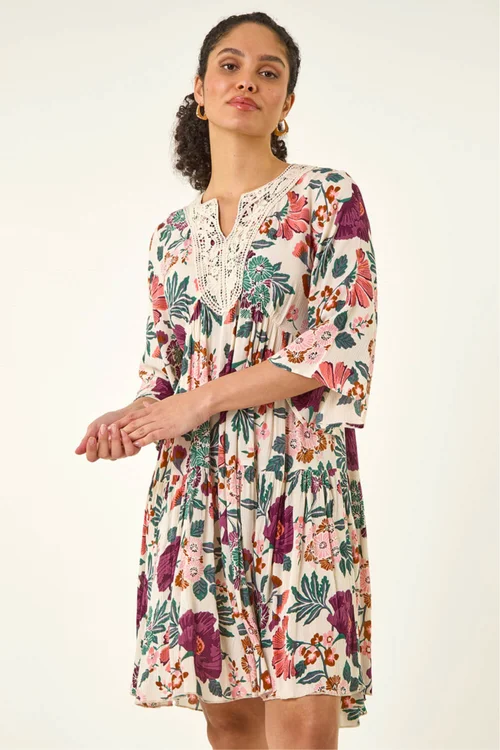 Roman Cream Floral Trim Smock Dress - Size 18 Image 4