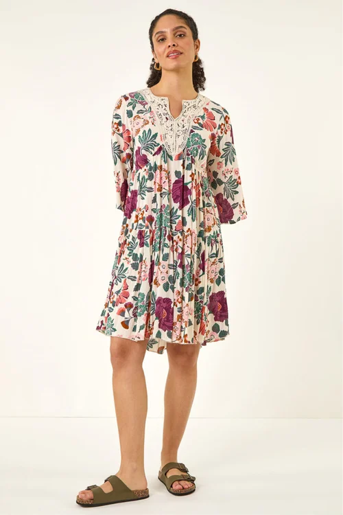 Roman Cream Floral Trim Smock Dress - Size 18 Image 2