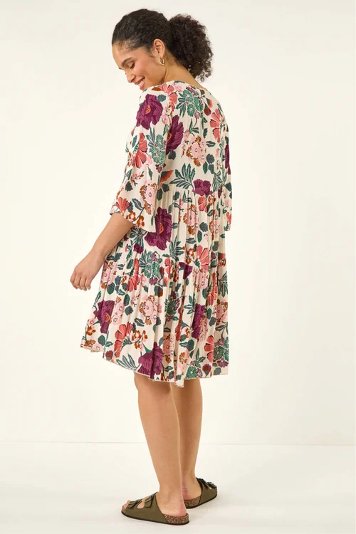 Roman Cream Floral Trim Smock Dress - Size 18 Image 3