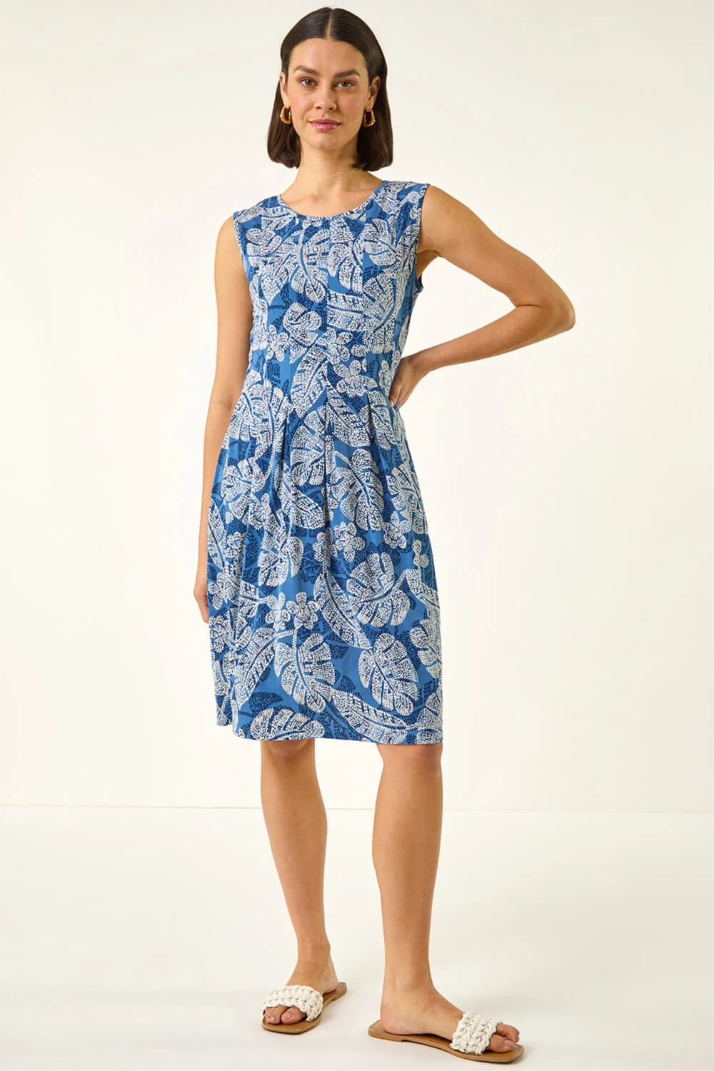 Roman Navy Leaf Print Panel Dress - Size 18 Image 1
