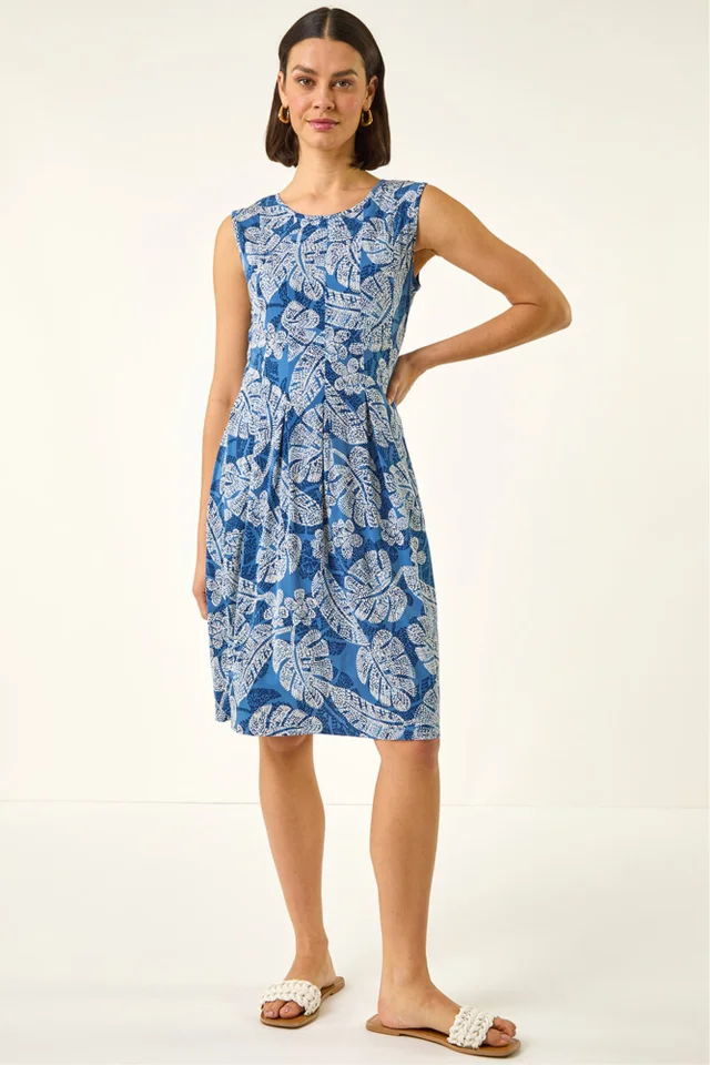 Roman Navy Leaf Print Panel Dress
